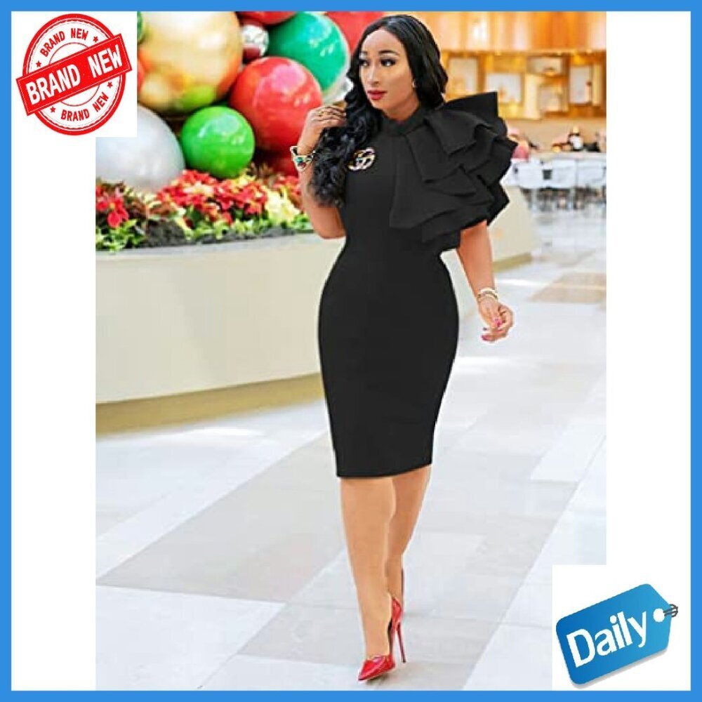 Women's Cocktail Bodycon Ruffle Sleeveless Midi Pencil Dress - Picture 7 of 8